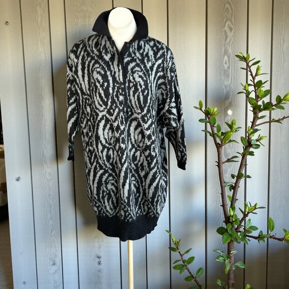 Benetton Italian Cocoon Sweater Dress Oversized Tunic Jacquard Knit Vintage 80s